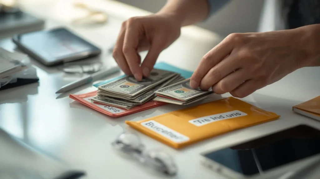 Hands organizing cash into labeled budgeting envelopes on a desk