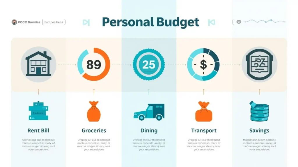Modern personal budget infographic with categories rent bills groceries dining transport savings